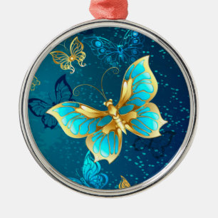 Golden Butterflies on a Blue Background Metal Ornament