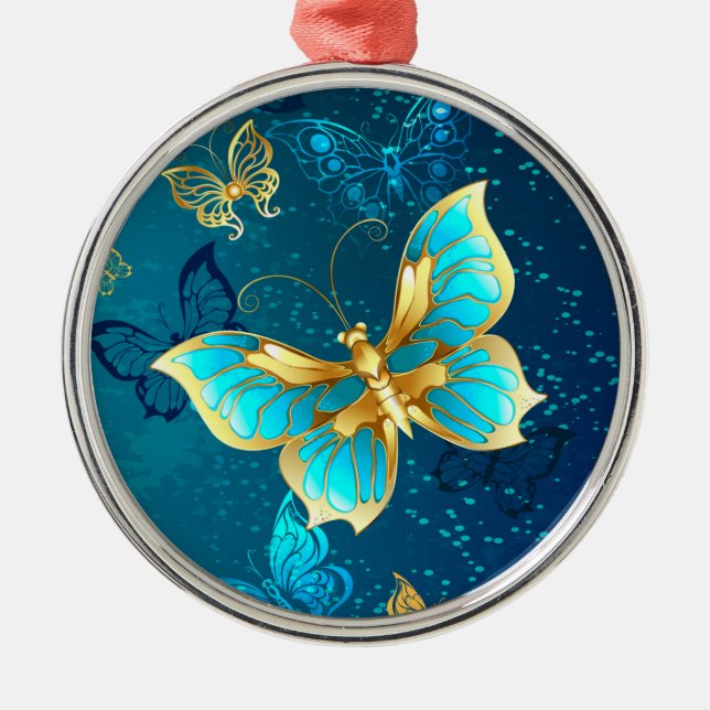 Golden Butterflies on a Blue Background Metal Ornament (Front)