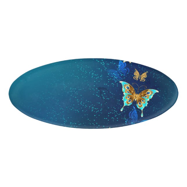 Golden Butterflies on a Blue Background Name Tag (Front)