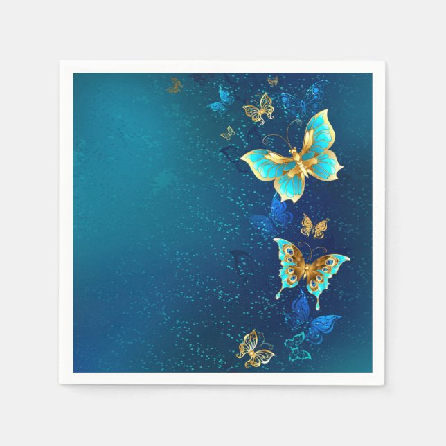 Golden Butterflies on a Blue Background Napkin (Front)