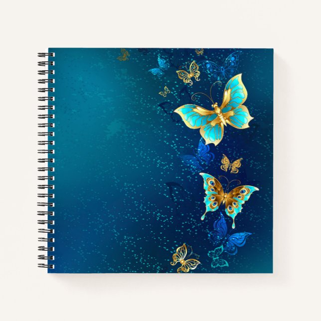 Golden Butterflies on a Blue Background Notebook (Front)