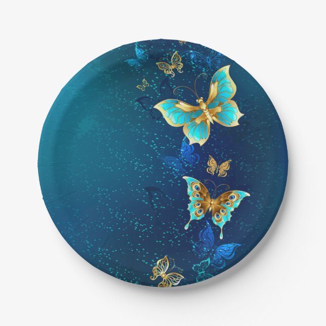 Golden Butterflies on a Blue Background Paper Plate (Front)