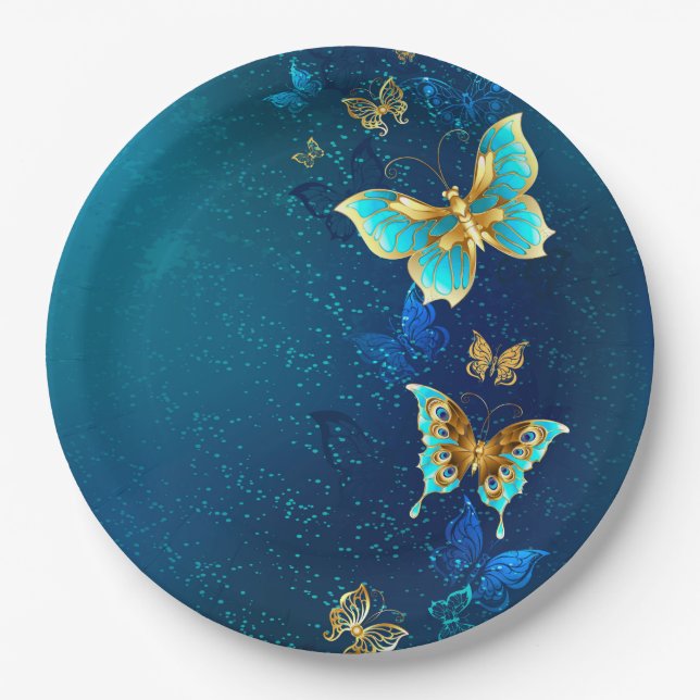 Golden Butterflies on a Blue Background Paper Plate (Front)