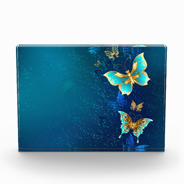 Golden Butterflies on a Blue Background Photo Block (Front)