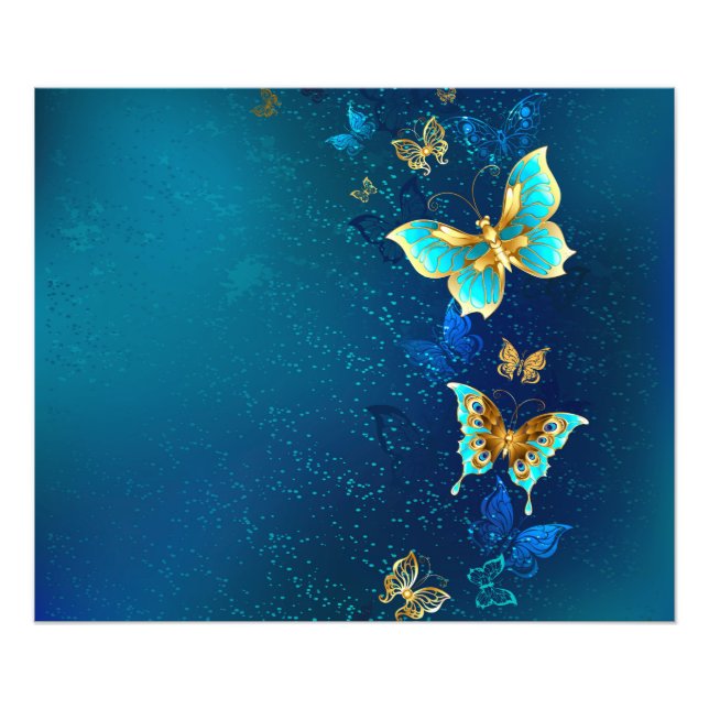 Golden Butterflies on a Blue Background Photo Print (Front)