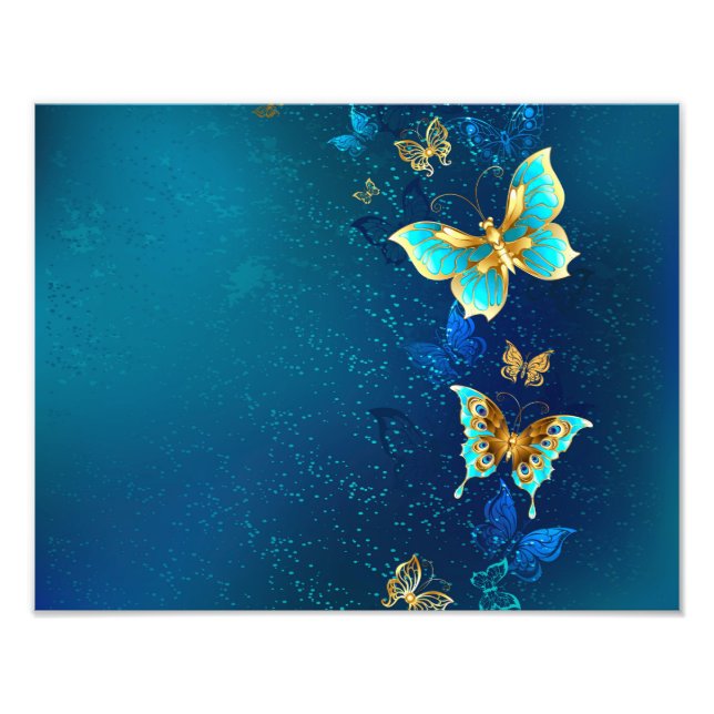 Golden Butterflies on a Blue Background Photo Print (Front)