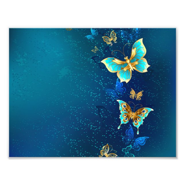 Golden Butterflies on a Blue Background Photo Print (Front)