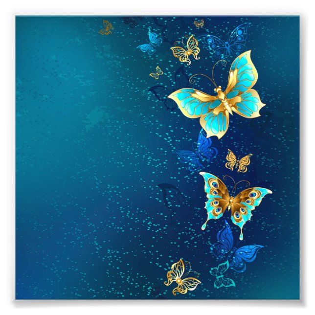 Golden Butterflies on a Blue Background Photo Print (Front)