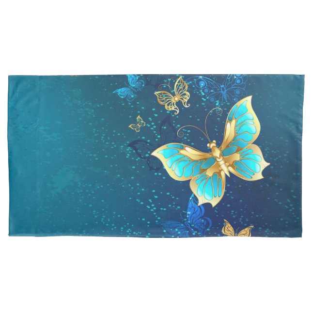 Golden Butterflies on a Blue Background Pillowcase (Front-Left)