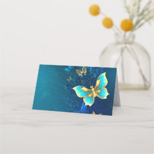 Golden Butterflies on a Blue Background Place Card