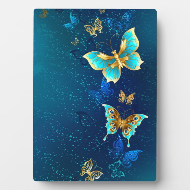 Golden Butterflies on a Blue Background Plaque (Front)