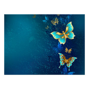 Golden Butterflies on a Blue Background Poster