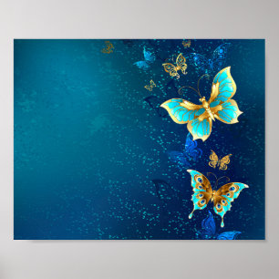 Golden Butterflies on a Blue Background Poster