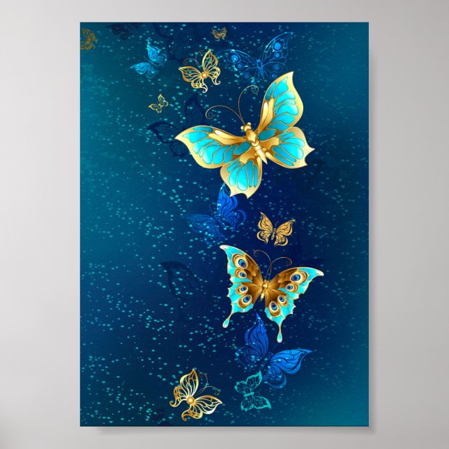 Golden Butterflies on a Blue Background Poster (Front)