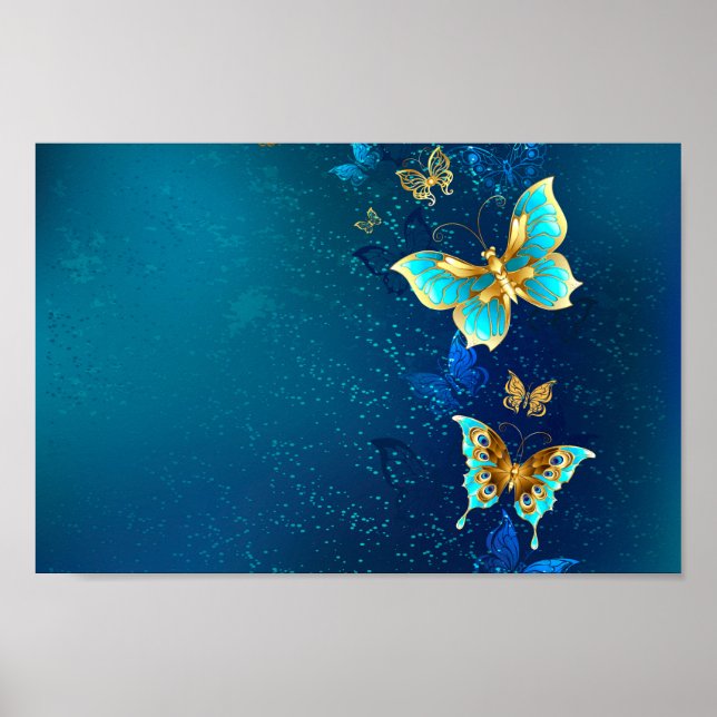Golden Butterflies on a Blue Background Poster (Front)