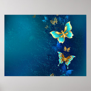 Golden Butterflies on a Blue Background Poster