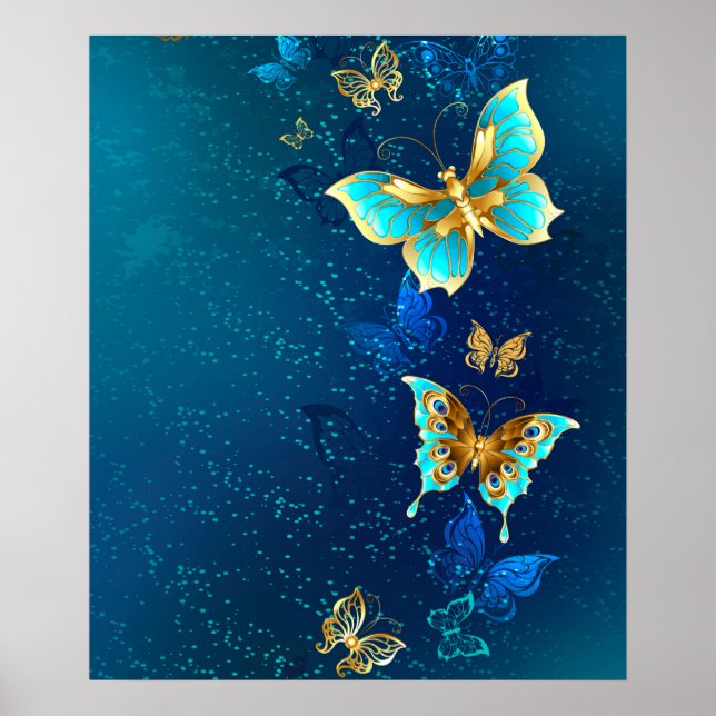 Golden Butterflies on a Blue Background Poster (Front)