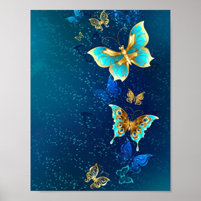Golden Butterflies on a Blue Background Poster (Front)