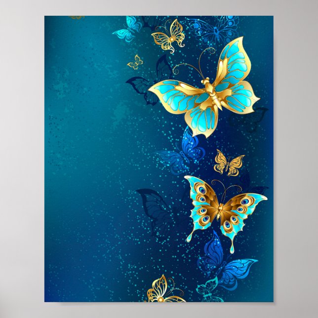 Golden Butterflies on a Blue Background Poster (Front)