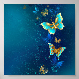 Golden Butterflies on a Blue Background Poster