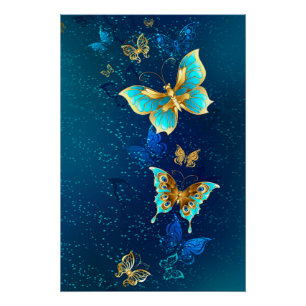 Golden Butterflies on a Blue Background Poster