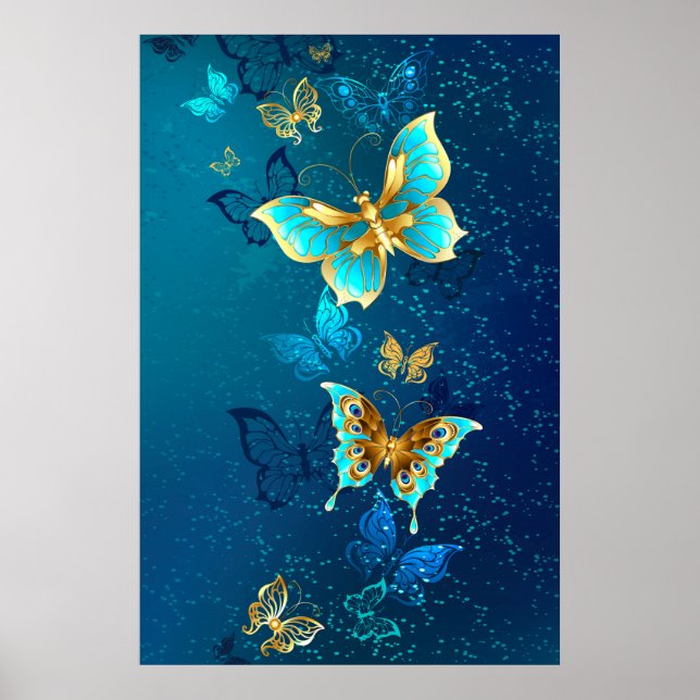 Golden Butterflies on a Blue Background Poster (Front)