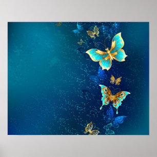 Golden Butterflies on a Blue Background Poster