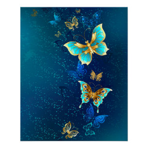 Golden Butterflies on a Blue Background Poster