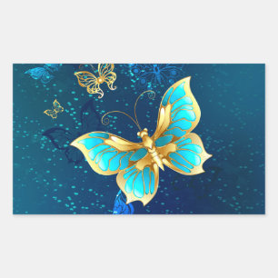 Golden Butterflies on a Blue Background Rectangular Sticker