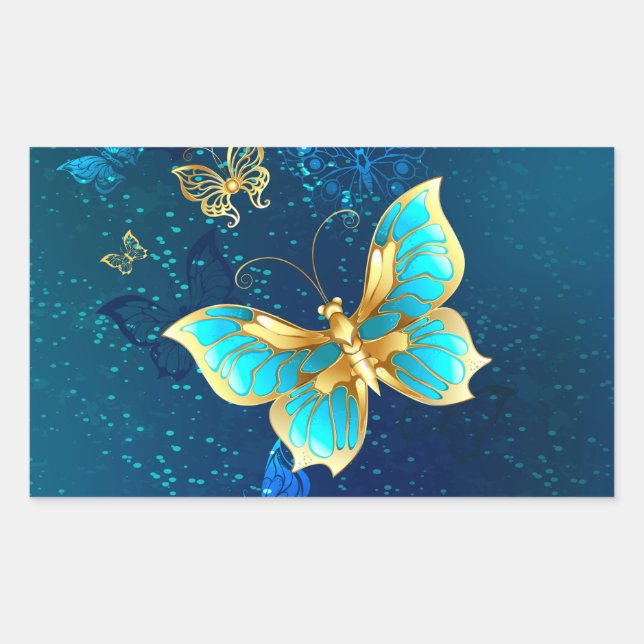 Golden Butterflies on a Blue Background Rectangular Sticker (Front)