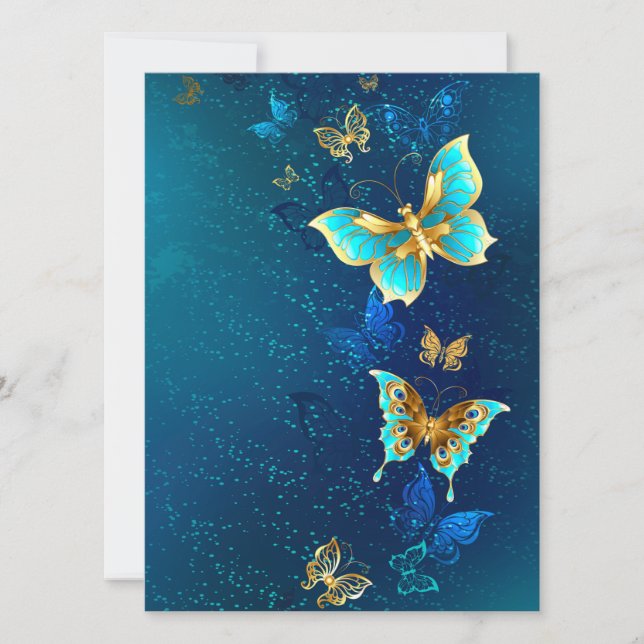 Golden Butterflies on a Blue Background Save The Date (Front)