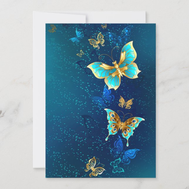 Golden Butterflies on a Blue Background Save The Date (Front)