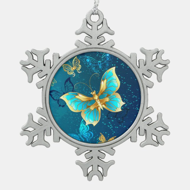 Golden Butterflies on a Blue Background Snowflake Pewter Christmas Ornament (Front)