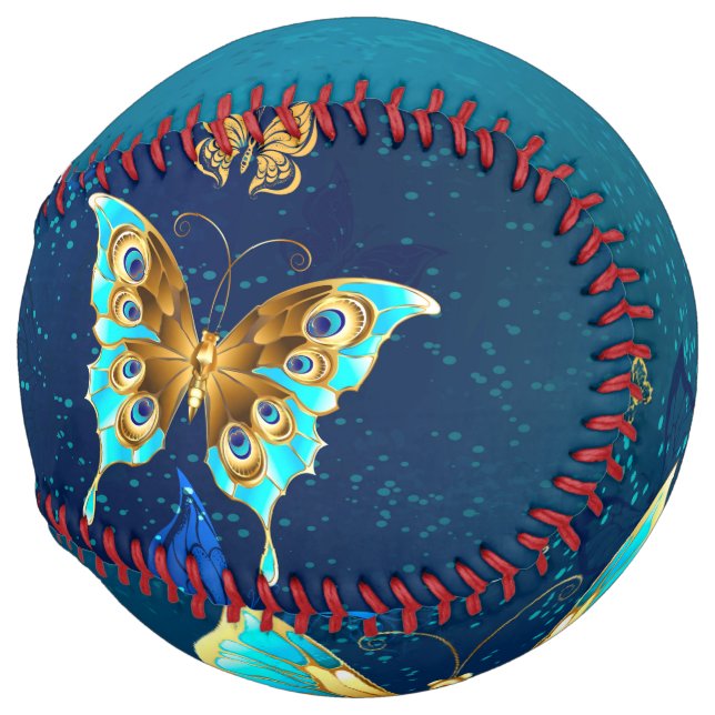 Golden Butterflies on a Blue Background Softball (Front Right)