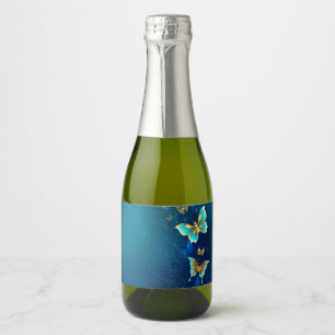 Golden Butterflies on a Blue Background Sparkling Wine Label