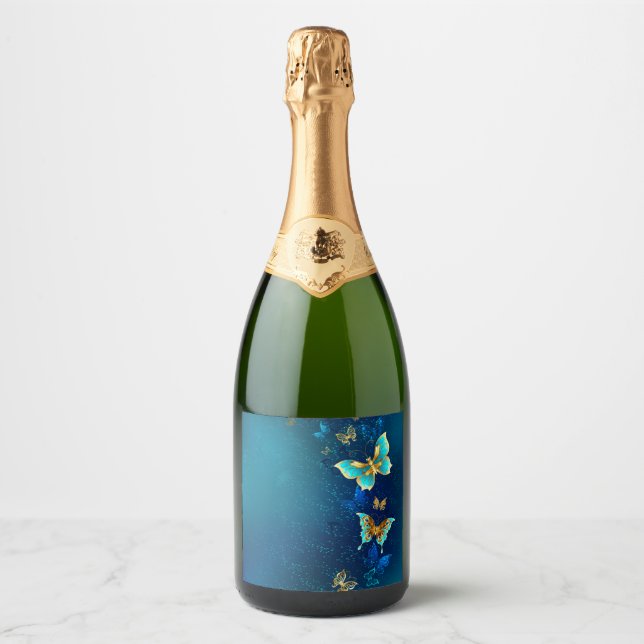 Golden Butterflies on a Blue Background Sparkling Wine Label (Front)