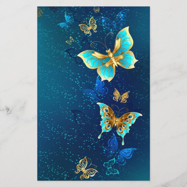 Golden Butterflies on a Blue Background Stationery (Front)