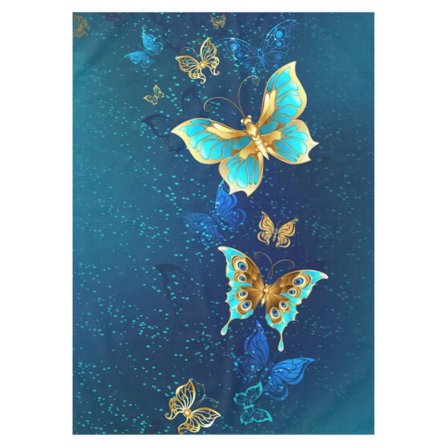 Golden Butterflies on a Blue Background Tablecloth (Front)