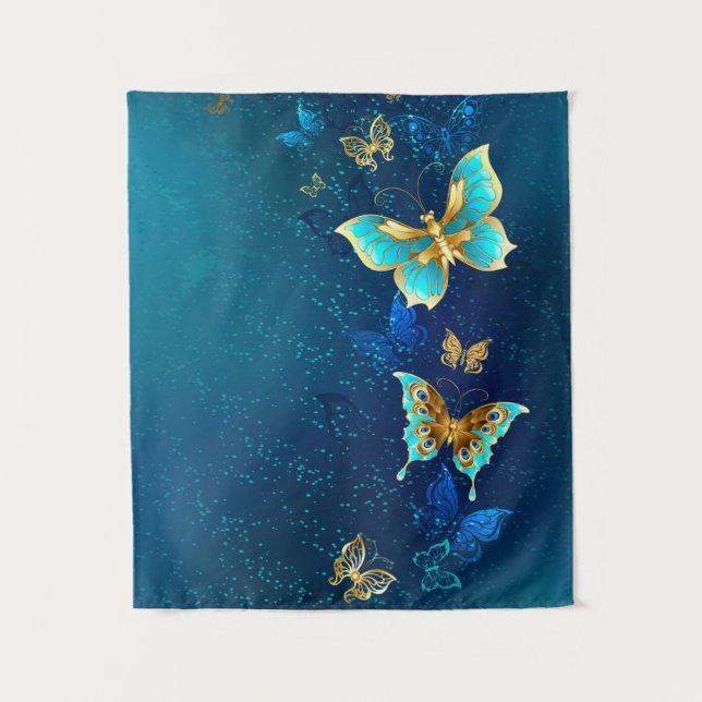 Golden Butterflies on a Blue Background Tapestry (Front)