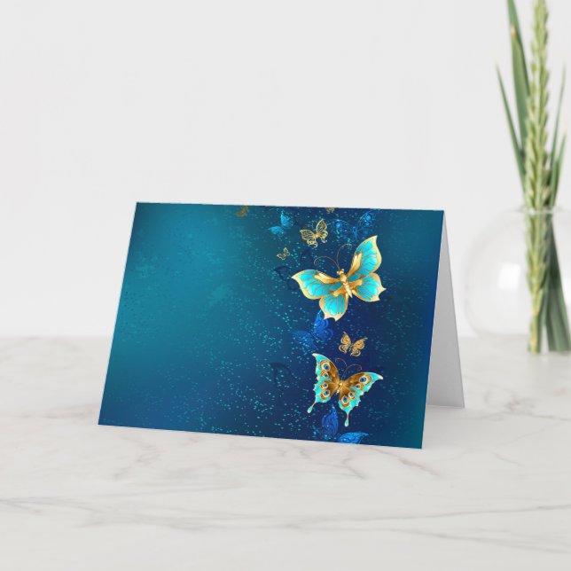 Golden Butterflies on a Blue Background Thank You Card (Front)