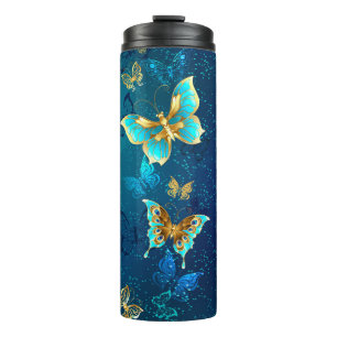 Golden Butterflies on a Blue Background Thermal Tumbler