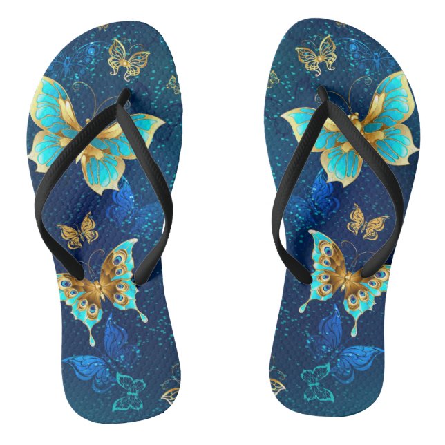 Golden Butterflies on a Blue Background Thongs (Footbed)