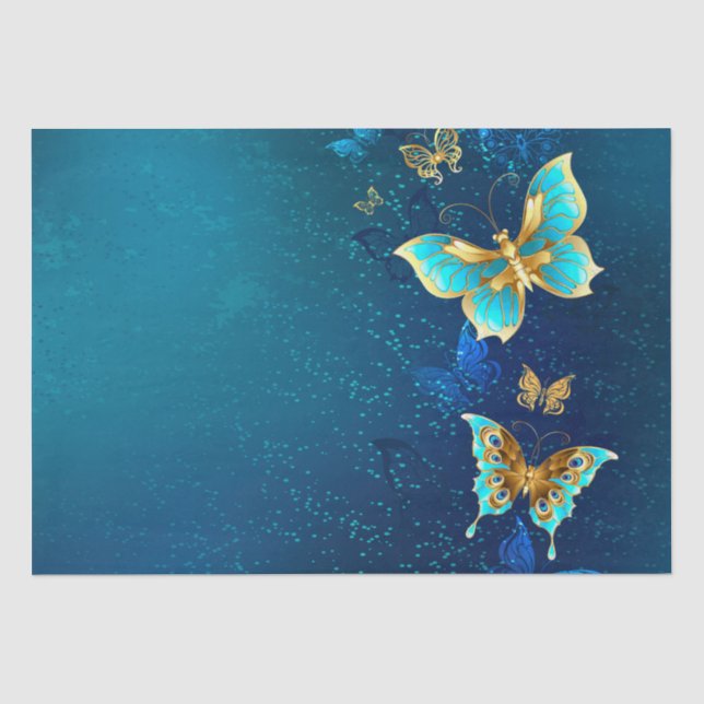 Golden Butterflies on a Blue Background Tissue Paper (Front)