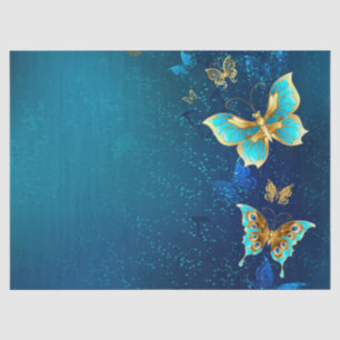 Golden Butterflies on a Blue Background Tissue Paper