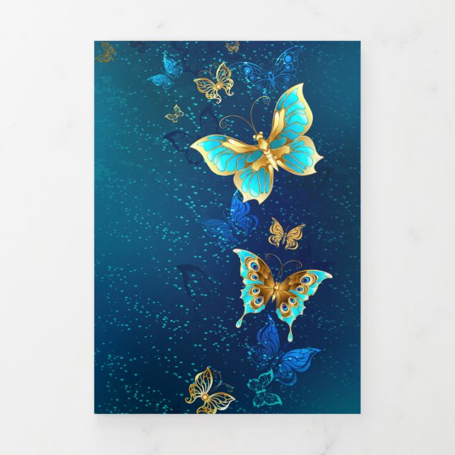 Golden Butterflies on a Blue Background Tri-Fold Announcement (Cover)