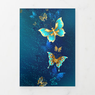 Golden Butterflies on a Blue Background Tri-Fold Invitation