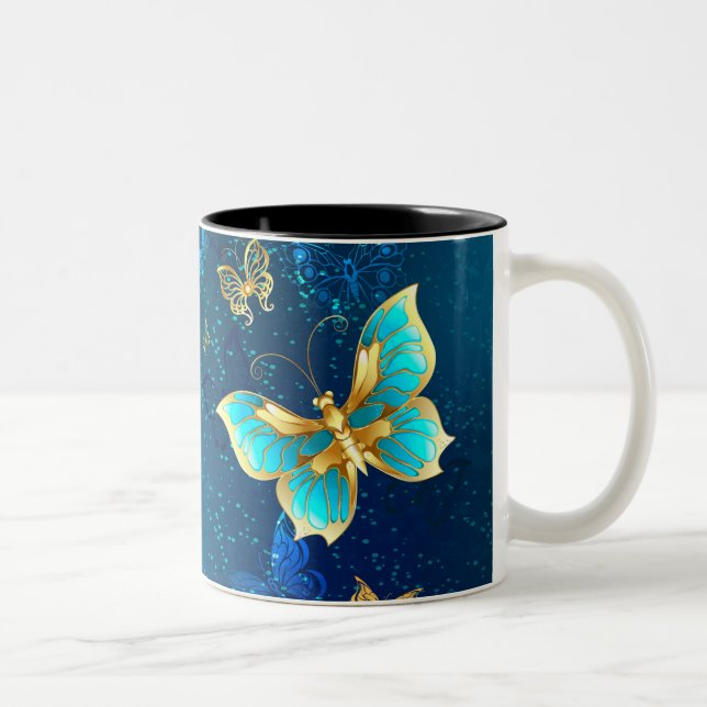 Golden Butterflies on a Blue Background Two-Tone Coffee Mug (Right)