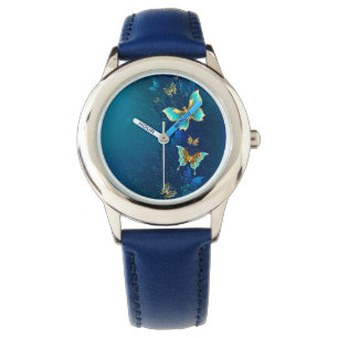 Golden Butterflies on a Blue Background Watch