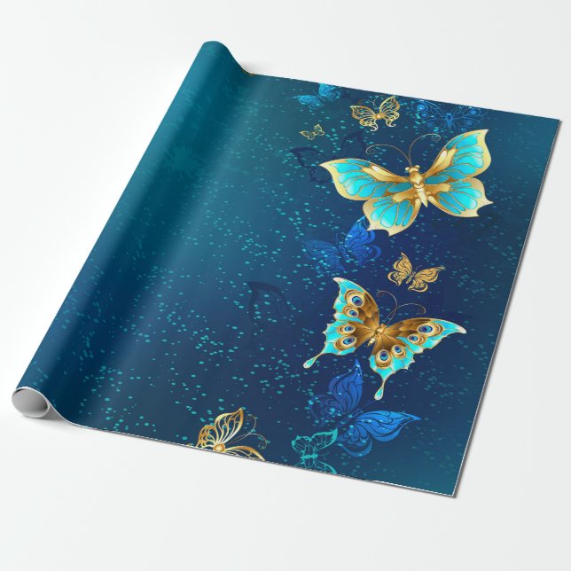 Golden Butterflies on a Blue Background Wrapping Paper (Unrolled)