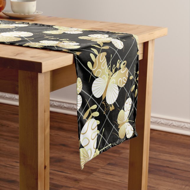 Golden butterflies Pattern 20.bw Black BG Long Table Runner (In Situ)
